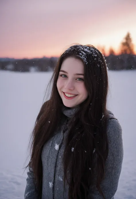 woman posing, 20yo, winter, outdoors,  suggestive smile, dark long hair, pale skin, sunset, snow, snowing