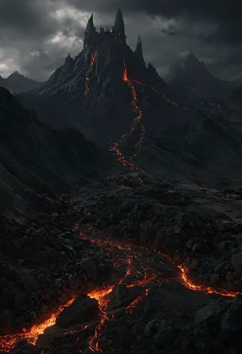 a dark mountain with lava and lava flowing down it