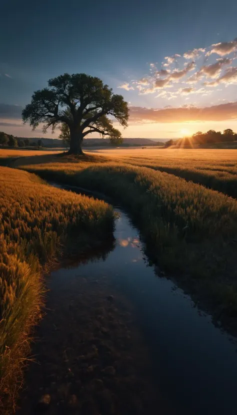 As twilight descends upon the land, the last embers of the setting sun ignite the clouds, casting a warm, fiery glow across the sprawling countryside. Fields of golden wheat sway gently in the evening breeze, while ancient oak trees stand sentinel, their g...