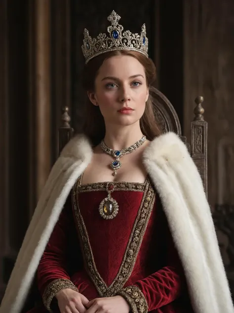 a woman in a red dress and a crown sitting on a chair