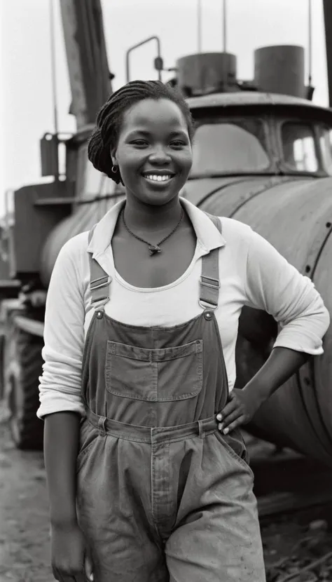 product photo of a (Rust theme:0.7) , Ethereal voluptuous Mbali, Dockworker, Feminine Pose, Braces, Proud, Short exposure, Kodak Tri-X 400, 50mm, by Giorgione