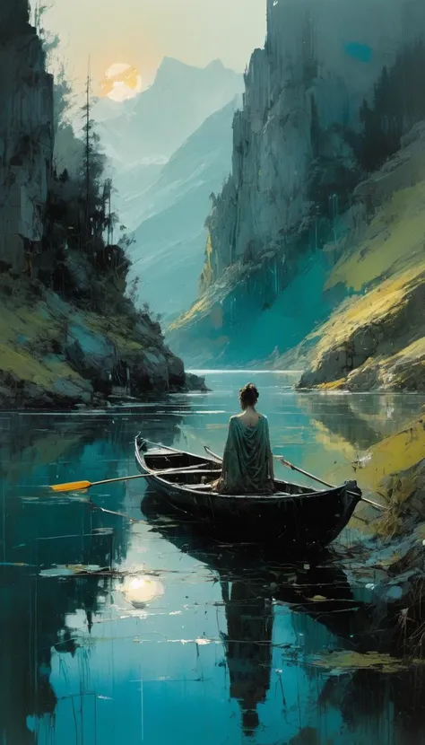 A serene lakeside retreat, nestled among majestic mountains and lush greenery, where a cozy cabin overlooks the tranquil waters, inviting relaxation and contemplation,
((stunning science fictional fantasy, epic view, sunset)), (abstract art by Jeremy Mann ...