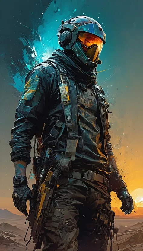 Apocalyptic Bounty Hunter, ((stunning science fictional fantasy, epic view, sunset)), (abstract art by Jeremy Mann Carne Griffiths and Wadim Kashin),  messy,
abstract expressionist, energetic brushwork, bold colors, abstract forms, expressive, emotional,
s...