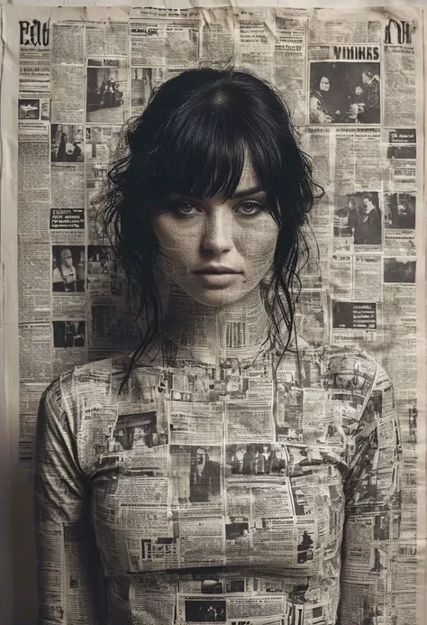 photo of a woman with newspaper print on her skin and black hair made from liquid ink, monochromatic, high contrast, highly detailed, photorealistic, hyperrealism, award winning photo, fine art photography, film grain