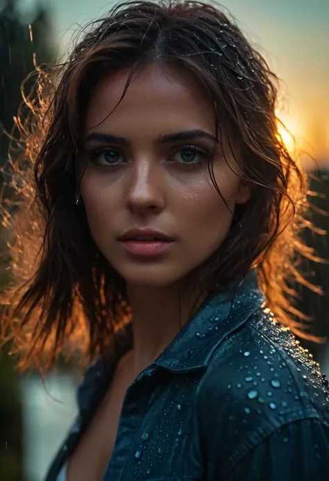 a woman with wet hair and a blue shirt is looking at the camera