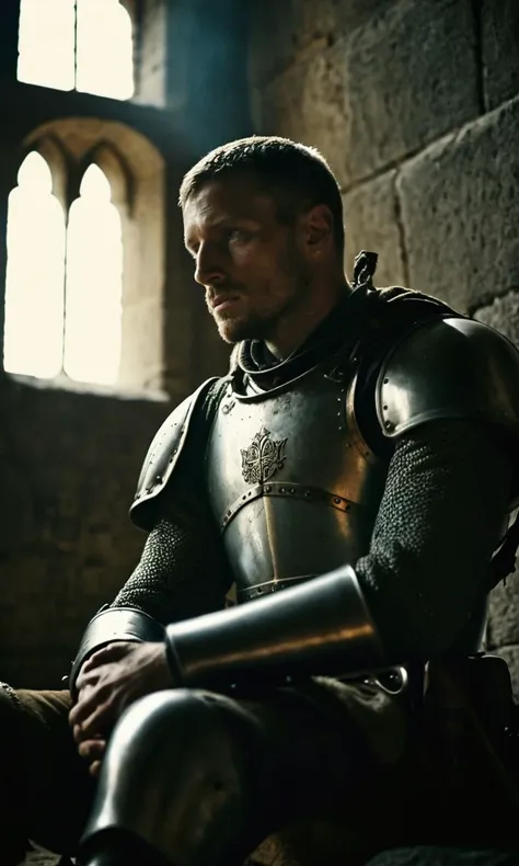 a man in armor sitting on a chair in a room