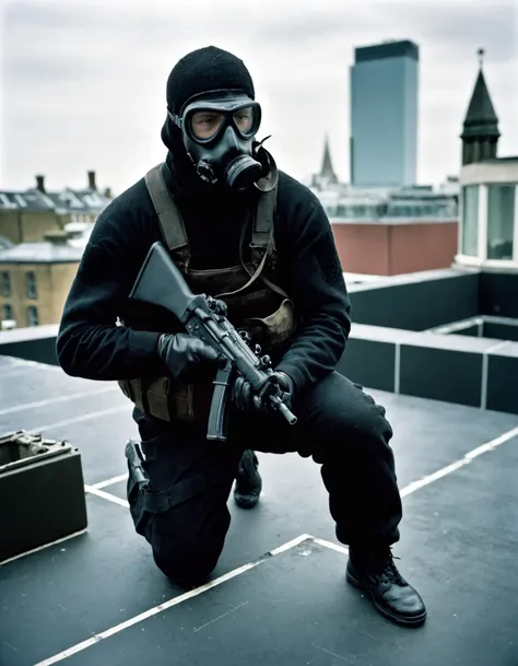 arafed man in gas mask and goggles crouching on a roof