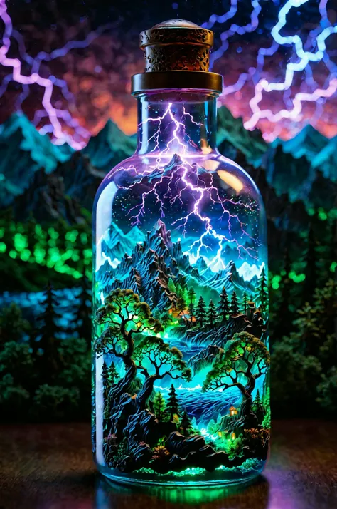 cinematic,micro shot,miniature world,extreme close up inside the big magical bottle,iridescent colorful massive neon lightning strikes contained inside the bottle,detailed landscape with trees and mountains and rivers inside the bottle,there should be mist...