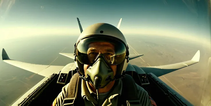 arafed fighter in a helmet and goggles flying in the sky