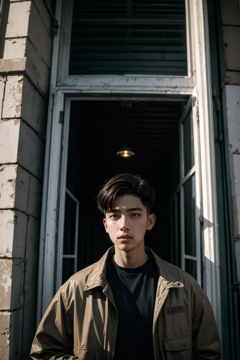 a man standing in front of a doorway with a black shirt