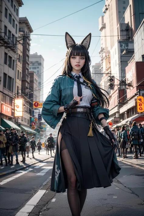 araffe dressed in a skirt and cat ears walking down a street