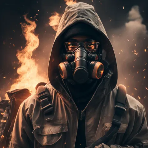 photo Surrounded by fire, hip hop pose, Portrait of the Gas Mask Senpai (GasmaskSenpai style:1) <lora:djzGasmaskSenpai:0.8)