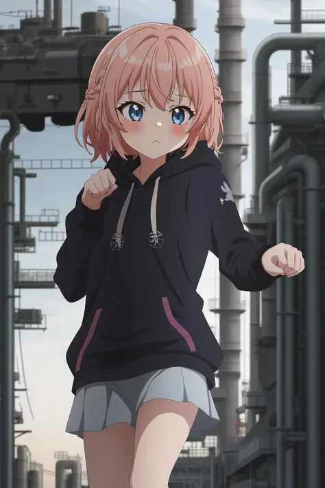 1girl, cute
iridescence french braid, starry print eyes, paw pose, looking down, hoodie, :/, A run-down factory with pipes and smokestacks., 8k, masterpiece, absurdres, anime,