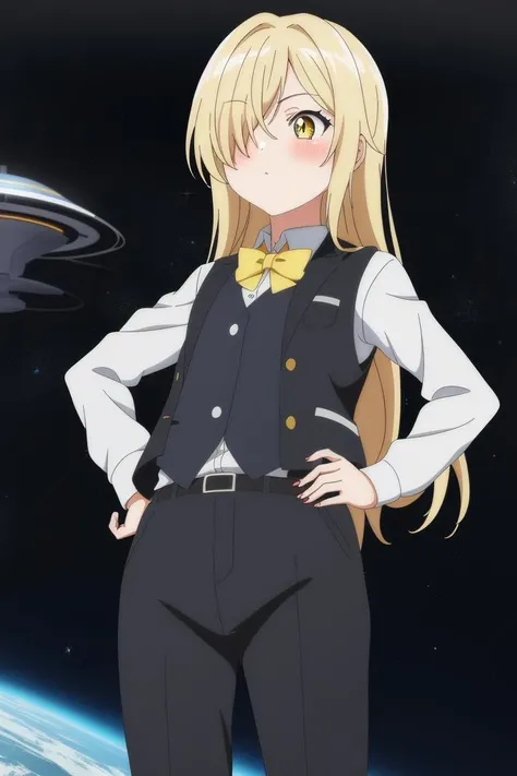 1girl, cute
yellow hair over one eye, starry print eyes, pray hand on hip, looking afar, dress shirt, vest, pupils sparkling, A futuristic spaceport with spaceships and aliens., 8k, masterpiece, absurdres, anime,