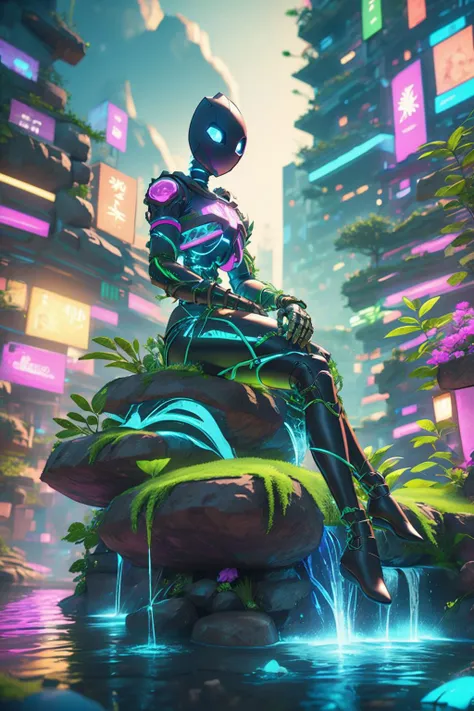 NatureVRM sitting on a rock, waterfall, detailed background, cyberpunk cityscape, cinematic photo official art,unity 8k wallpaper,ultra detailed,aesthetic,masterpiece,best quality,photorealistic,entangle,mandala,tangle,entangle, dynamic angle,the most beau...