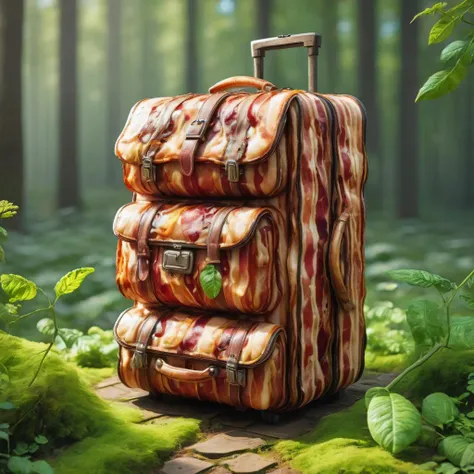 luggage made out of b4c0n, garden <lora:b4c0n:1>