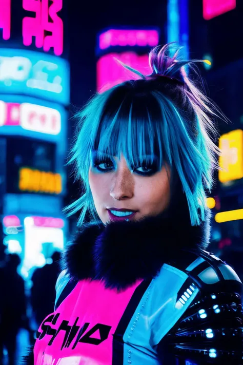 <lora:KellyCollins_SD15_v1.1-000009:1>  a large format photo of a KellyCollins, detailed face, detailed eyes, punk rocker cut hair, 
Neon-lit Tokyo city     Futuristic      Vibrant Bright, bold    Sleek, shiny    Cyberpunk outfit        Confident
stunning ...