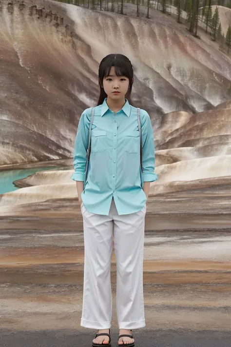 <lora:miku_takaoka_obj20:0.6  >, full_body, standing, sandals, (shirt), pants, (yellowstone), (miku_takaoka: 1.2), perfect face, (contact iris: 1.1), pale skin, skin pores , depth of field