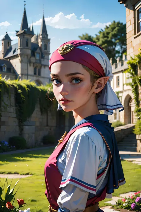 a woman in a medieval dress standing in front of a castle