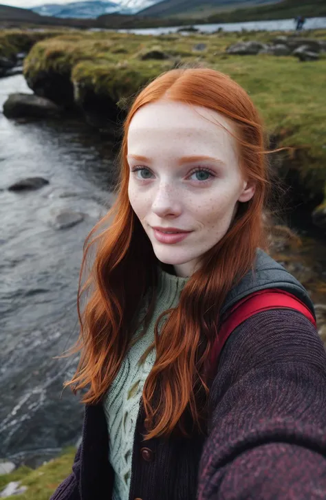 ((selfie)) photo of SiofraCipher, small smile, outdoors, mountains, wearing a backpack, hiking jacket, sweater, rocks, river, wood, Ireland, analog style (look at viewer:1.2) (skin texture), close up, cinematic light, sidelighting, Fujiflim XT3, DSLR, 50mm...