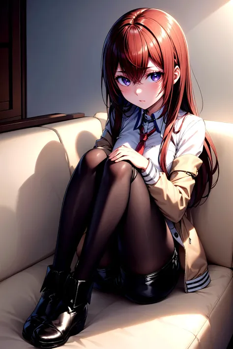 (masterpiece, best quality, detailed), 1girl, solo, looking at viewer, makise kurisu, purple eyes, brown hair, long hair, between eyes, long sleeves, white shirt, open clothes, necktie, shiny, collared shirt, belt, off shoulder, shiny hair, black pantyhose...