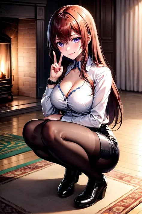 (masterpiece, best quality, detailed), 1girl, solo, looking at viewer, makise kurisu, purple eyes, brown hair, long hair,
office lady, collared shirt, cleavage, wristwatch, high-waist skirt, black pantyhose, indoors, wooden floor, fireplace, on floor, (per...