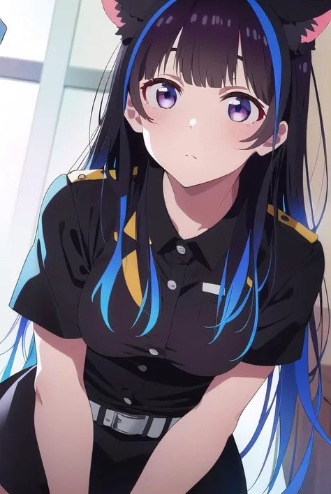 miniyaemori, <lyco:miniyaemori-lyco-nochekaiser:1>,
mini yaemori, long hair, bangs, black hair, blue hair, (purple eyes:1.1), multicolored hair, blunt bangs, streaked hair, 
BREAK skirt, shirt, animal ears, short sleeves, collared shirt, belt, cat ears, bl...