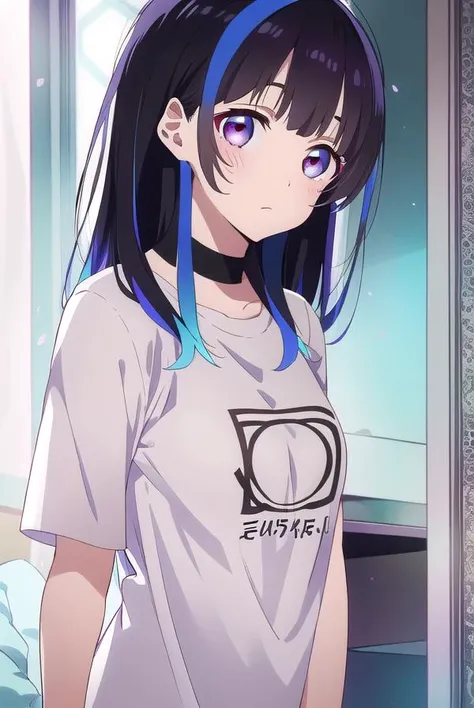 miniyaemori, <lyco:miniyaemori-lyco-nochekaiser:1>,
mini yaemori, long hair, bangs, black hair, blue hair, (purple eyes:1.1), multicolored hair, blunt bangs, streaked hair, 
BREAK shirt, white shirt, short sleeves, clothes writing,
BREAK looking at viewer,...