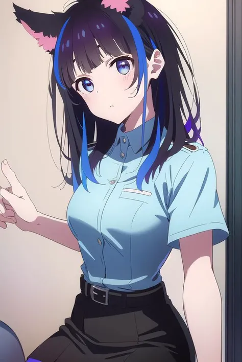 miniyaemori, <lyco:miniyaemori-lyco-nochekaiser:1>,
mini yaemori, long hair, bangs, black hair, blue hair, (purple eyes:1.1), multicolored hair, blunt bangs, streaked hair, 
BREAK skirt, shirt, animal ears, short sleeves, collared shirt, belt, cat ears, bl...