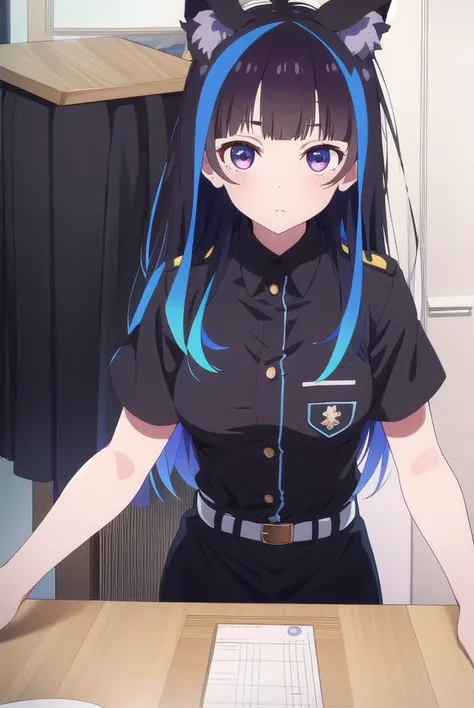 miniyaemori, <lyco:miniyaemori-lyco-nochekaiser:1>,
mini yaemori, long hair, bangs, black hair, blue hair, (purple eyes:1.1), multicolored hair, blunt bangs, streaked hair, 
BREAK skirt, shirt, animal ears, short sleeves, collared shirt, belt, cat ears, bl...