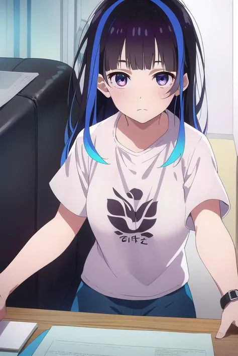 miniyaemori, <lyco:miniyaemori-lyco-nochekaiser:1>,
mini yaemori, long hair, bangs, black hair, blue hair, (purple eyes:1.1), multicolored hair, blunt bangs, streaked hair, 
BREAK shirt, white shirt, short sleeves, clothes writing,
BREAK looking at viewer,...