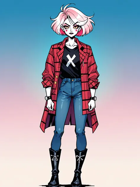 a drawing of a woman with pink hair and a plaid coat