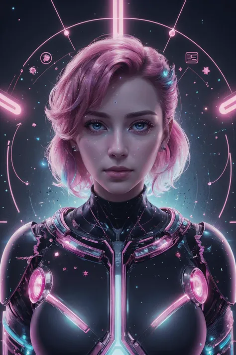 a woman in a futuristic suit with pink hair and a futuristic face