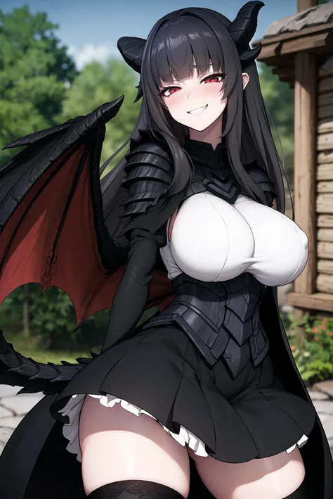 anime style, masterpiece, best quality, absurdres, woman, (mature, aged up, milf:1.2), 1lady, (blushing:1.0), half-closed eyes, glowing eyes, eyeshadow, black dragon horns, black dragon tail, black dragon wings, (black long hair, very straight hair, blunt ...