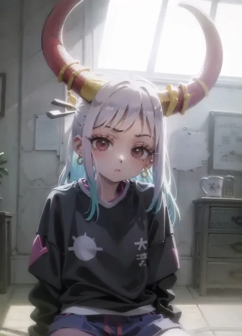 anime girl with horns sitting on the floor in a room