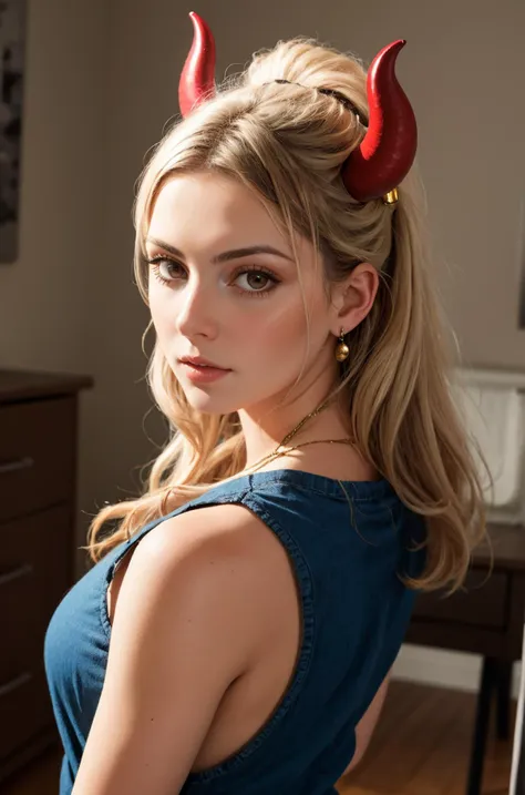 a woman in a blue dress with horns on her head