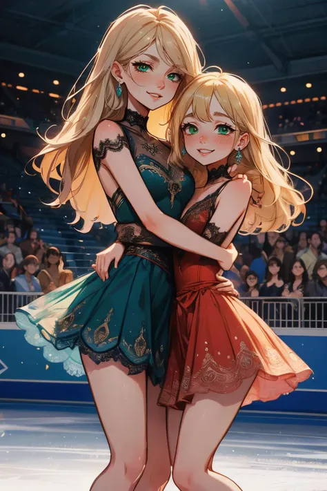 2 women, pair skating, hug waist, dancing on grand ice skating exhibition, decorate lace dress, crowd, cinematic lighting, high quality, masterpiece, <lora:girllikepairskating:.6>
lusamine, green eyes, long blonde hair, looking at viewer, serious, smirk,  ...