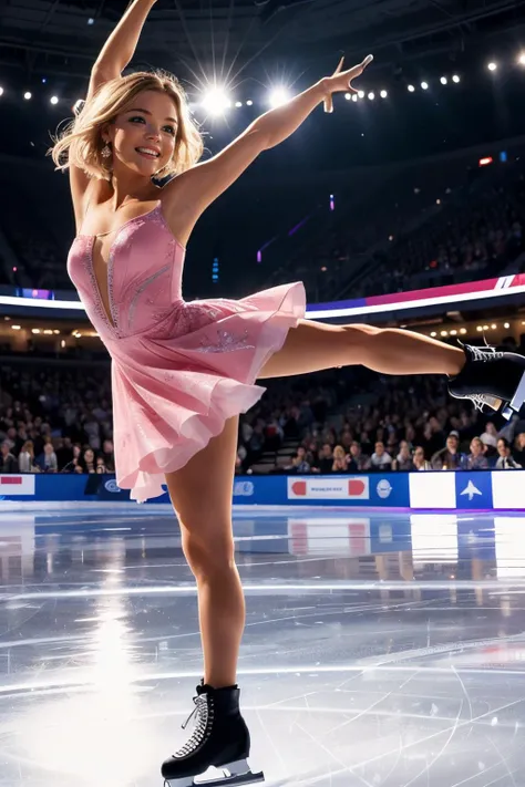 figure skating,dancing on grand ice skating exhibition,crowd, cinematic lighting, high quality, masterpiece, <lora:girllikefigureskating:.6>
<lora:Macy:.7>, short blonde hair, blue eyes, pink dress, smiling, happy, leg raised,