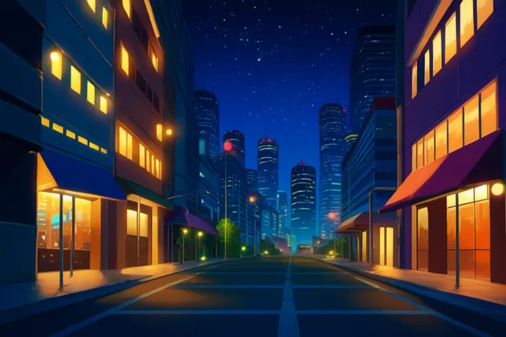 night city street with buildings and street lights