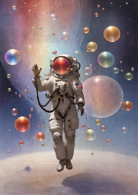 diterlizziartai  watseixl
triadic color palleted,
a  stunning woman cosmonaut,
((space_style:0.6), cosmic outer space theme:1.1), bubble-mage, joyful, dynamic pose, colorful mage robes, surrounded by magical red bubbles, rainbow, large bubbles, floating pa...