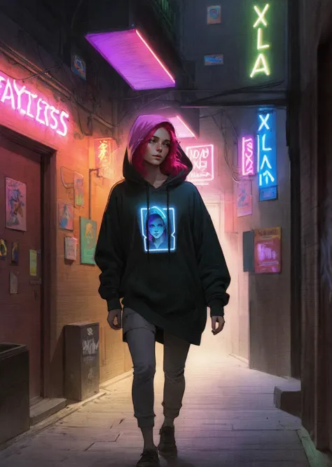 diterlizziartai  watseixl
a woman with medium-length colorful hair wearing hoodie walking under a glowing neon sign in an alleyway
shadows, dramatic lighting , gradient, colorful
[(details:1.2): [ (many small details:1.3) : [ (many ultrasmall details: 1.2)...