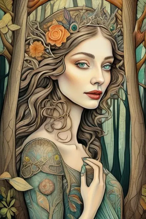 woman in a mythical forest, masterpiece, perfect face, intricate details, horror theme <lora:DiTerlizziArtAIcc:1> diterlizziartai, whimsical, sketchy illustration, pastels and pencil, detailed background