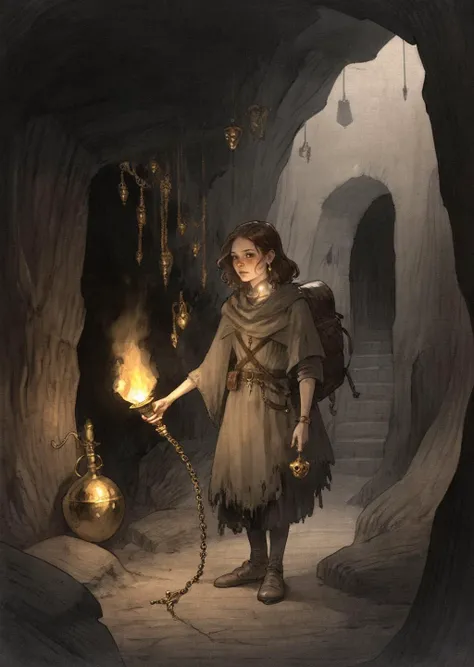 diterlizziartai  watseixl
1girl an adventurer holding a torch in a dark cave,
treasures
gold
jewelry, treasure chest,
characters, dark, eerie, fantasy, horror, melancholy, surreal
shadows, , gradient , dramatic lighting
[(details:1.2): [ (many small detail...