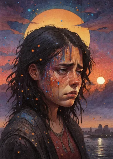 diterlizziartai  watseixl
sunset
portrait of 1girl sad, depressed
close up, detailed face,
tears
  fallout 
apocalypse
colorful
gradient
glowing particles 
[(details:1.2): [ (many small details:1.3) : [ (many ultrasmall details: 1.2):(very detailed ultrasm...