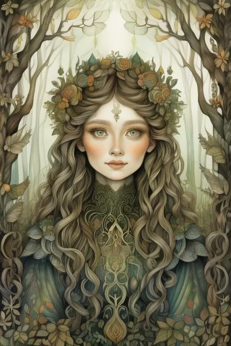 woman in a mythical forest, masterpiece, perfect face, intricate details, horror theme <lora:DiTerlizziArtAIrevAp:1> diterlizziartai, enchanted,  whimsical, sketchy illustration, pastels and pencil, detailed background