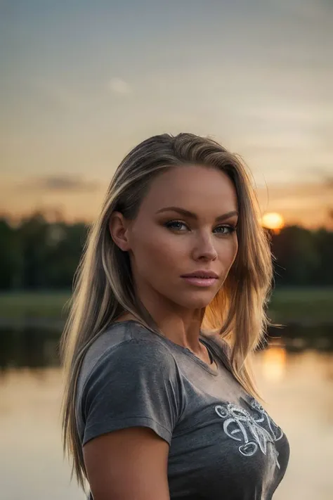 photo of S190_StaciCarr,a beautiful woman,in a (swamp:1.1),wearing a (gray t-shirt:1.1),(sunset:1.1),(8k, RAW photo, best quality, depth of field, ultra high res:1.2),(absurdres, intricate, photorealistic, masterpiece, ultra-detailed:1.3),