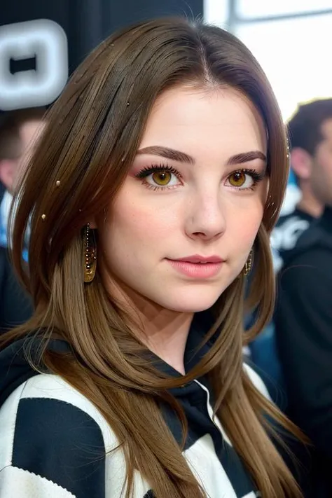 a stunning young woman at the crowded comicon convention, in a cute starwars sweatshirt, (people in the background), (stunning eyes, extreme close up), perfect face, raw, 8k uhd, <lora:emilyVanCamp:1>