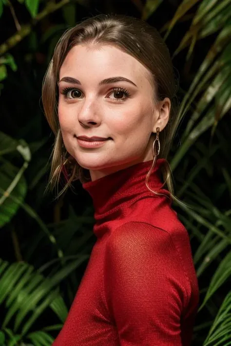 a stunning young woman in a stunning red turtleneck dress, in a jungle paradise, cinematic lighting, (stunning eyes, extreme close up), [adorable smile, smiling:0.5], perfect face, raw, 8k uhd, <lora:emilyVanCamp:1>