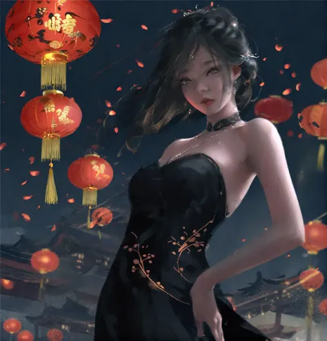 a close up of a woman in a dress with red lanterns in the background