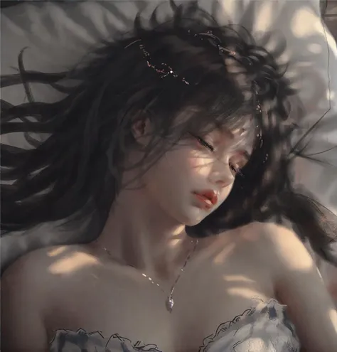 a close up of a woman laying in bed with her eyes closed